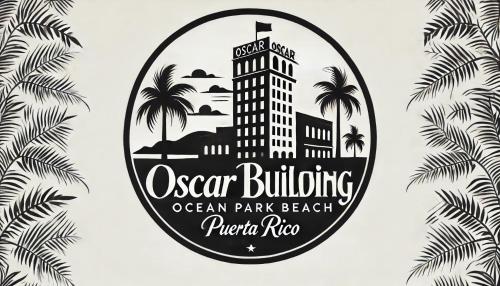 un francobollo con l'Ocean Park Beach Hotel, le palme e un edificio di Oscar Building - Apto#3 a San Juan