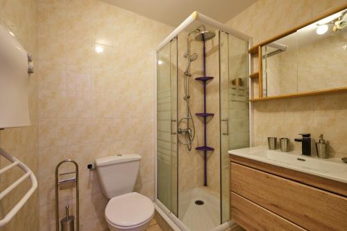 une salle de bain avec une douche, des toilettes et un lavabo dans l'établissement Spacieux Appartement Climatisé au centre-ville de Narbonne, à Narbonne