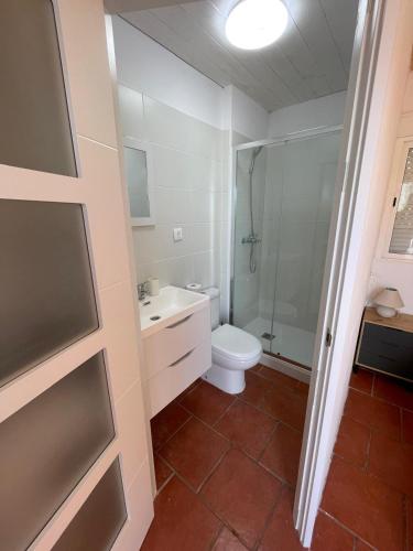 a bathroom with a toilet and a sink and a shower at Casa Vistamar comfy 4bd few steps to the ocean in Las Playas