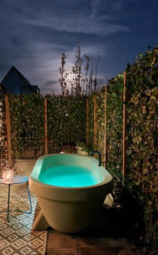 a bath tub sitting in front of a fence at Artisan Hideaway Bed and Breakfast in Breezand