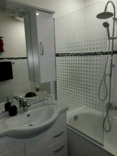 a bathroom with a sink and a shower and a tub at Apartment Bella Italia in Cologne