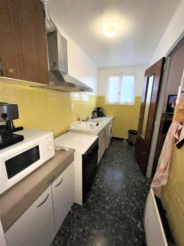 une cuisine avec un évier et un micro-ondes dans l'établissement Superbe appartement duplex en cœur de station, à La Celle-sous-Gouzon
