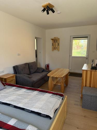 a living room with a couch and a table at Gnapówka in Zawoja