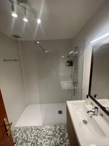 a bathroom with a shower and a sink and a mirror at Marfolin 24 in El Cotillo