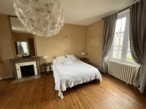 ein Schlafzimmer mit einem weißen Bett und einem Kronleuchter in der Unterkunft Chambres à louer centre-ville in Le Mans