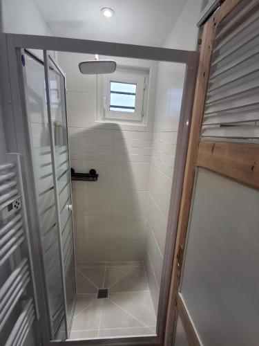 une douche avec une porte vitrée dans une salle de bain dans l'établissement Cocoo'Nimes avec terrasse, à Nîmes