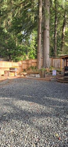 a park with a picnic table and a fence and trees at Knotty Shack- Unique Tiny Log Cabin with Hot Tub in Ashford