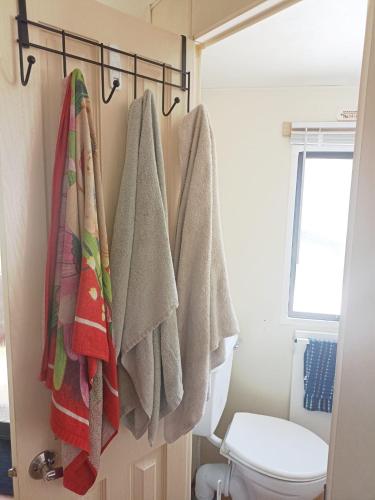 une salle de bain avec des serviettes suspendues sur un support à côté des toilettes dans l'établissement Mobil-home 4 à 6 personnes camping paradis 4 étoiles, à Clohars-Carnoët
