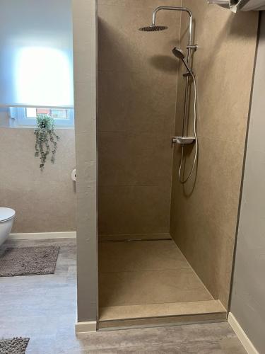 a shower with a glass door in a bathroom at Ferienwohnung Ferlach TOP1 in Ferlach