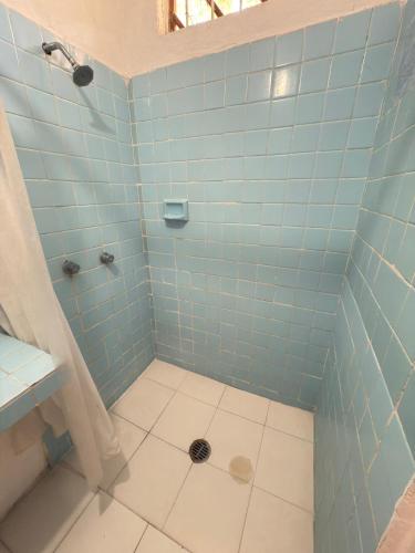 a bathroom with a blue tiled shower with a drain at Hotel San Jose Purua in Vidalrstn