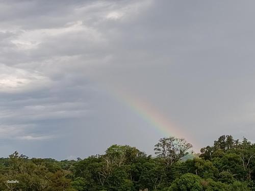 a rainbow in the sky above some trees at Curiango Bird Camp in Puerto Iguazú
