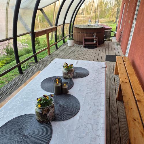 a deck with a table with plants on it at Vēverkalni in Vidriži