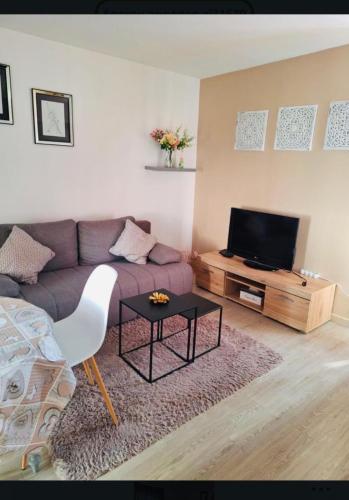 un salon avec un canapé et une télévision dans l'établissement Appartement 2-4 pers, à Souillac