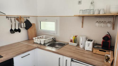 une cuisine avec un évier et un plan de travail dans l'établissement Appartement à 150m de la mer, au Barcarès
