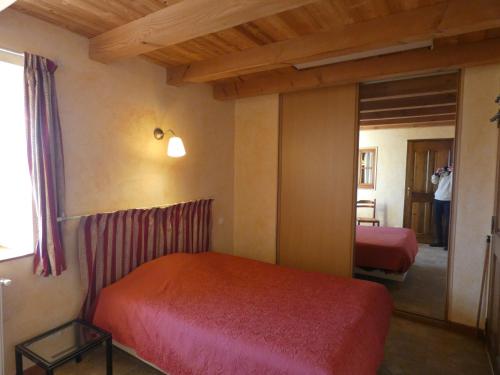une chambre avec un lit rouge et un miroir dans l'établissement Gîte cosy avec extérieur privé à Montélimar, à Montélimar