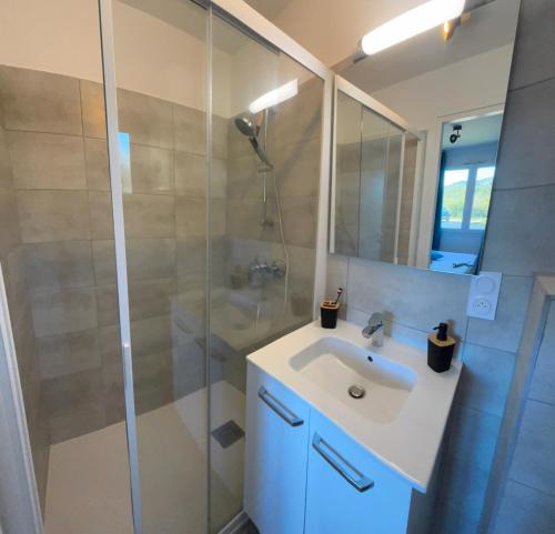 une salle de bain avec un lavabo blanc et une douche dans l'établissement Alizo, à Lecci