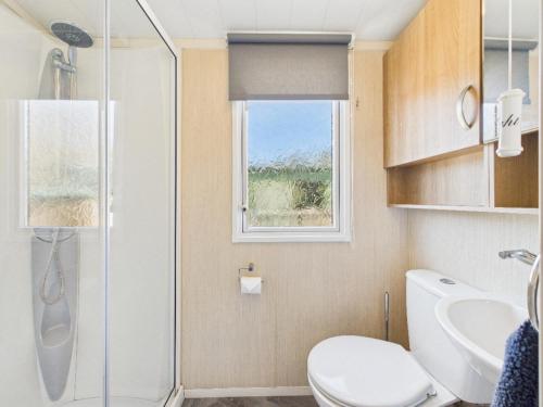 a bathroom with a shower and a toilet and a window at Riverside Lodge in Hawick
