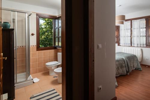 a bathroom with a toilet and a bed and a window at Casa vacacional La Casa de Otto in Llanes