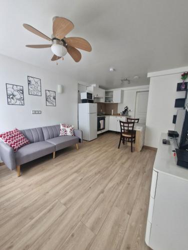 un salon avec un canapé et un ventilateur de plafond dans l'établissement Petite Maison proche de Paris, Parc Astérix, à Survilliers