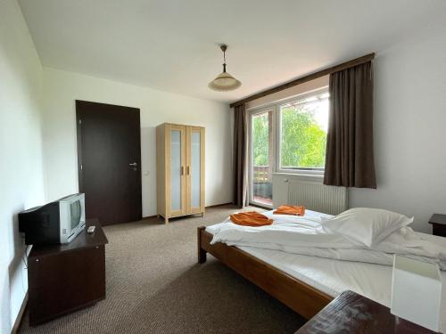 Un pat sau paturi într-o cameră la Pensiunea Cehov