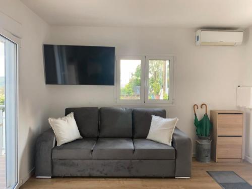 a living room with a couch and a tv at Casa Candido in Aboim