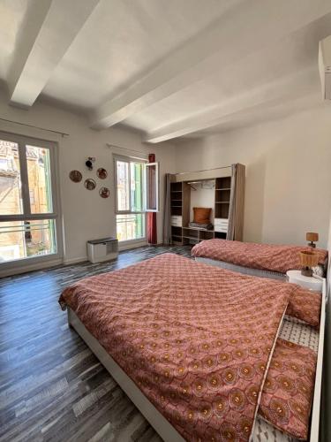 - une grande chambre avec 2 lits et 2 fenêtres dans l'établissement Maison de village avec exterieur -Luberon - Villelaure, à Villelaure