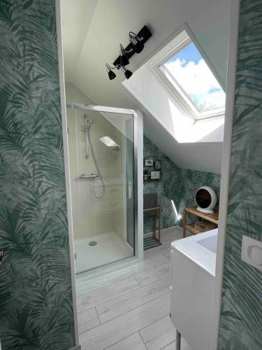 La salle de bains est pourvue d'une douche et d'une lucarne. dans l'établissement Osiris Espace Piscine couverte et Chauffée, à Mesves-sur-Loire