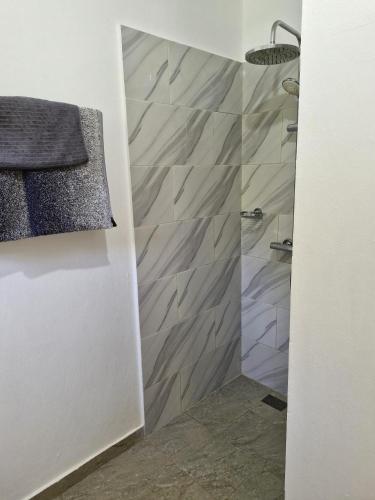a bathroom with a shower with marble tiles at BUNGALOWS COLIBRI in Las Galeras