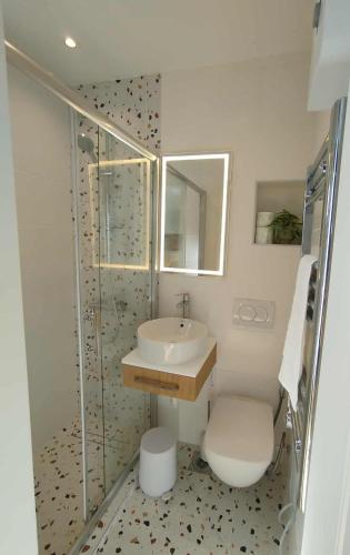 een badkamer met een toilet, een wastafel en een douche bij Centar Apartment in Skopje