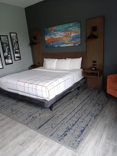 a bedroom with a large bed with a rug at La Quinta Inn & Suites by Wyndham Bardstown in Bardstown