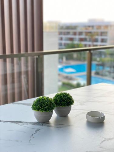 two potted plants sitting on a table in front of a window at Luxury studio room - in Courtyard Holiday Resort in İskele