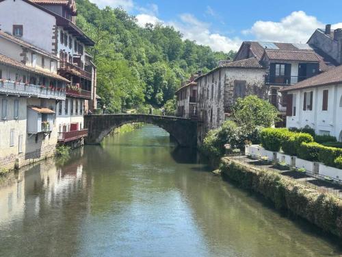 a bridge over a river in a town with buildings at Chez Mapi in Saint-Jean-Pied-de-Port