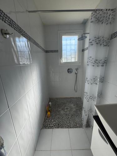 La salle de bains blanche est pourvue d'une douche et d'une fenêtre. dans l'établissement Maison Le Verger de Manou, à Saint-Palais-sur-Mer