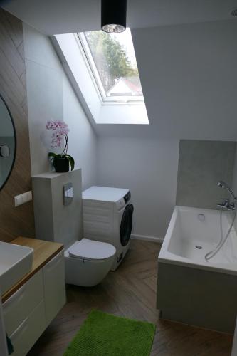 a bathroom with a toilet and a sink and a skylight at Ceglany Domek z jacuzzi, nad jeziorem, przy lesie in Tomaszkowo
