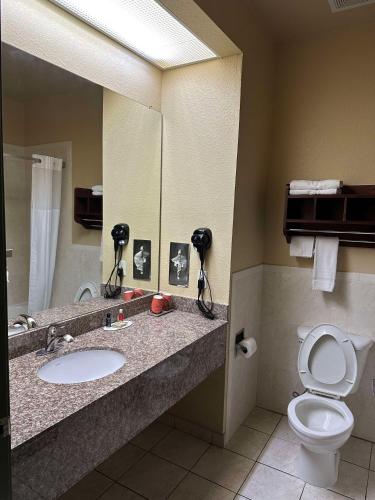 a bathroom with a sink and a toilet and a mirror at Red Lion Inn & Suites IAH Airport East in Humble