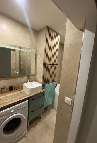 une salle de bain avec une machine à laver et un lavabo dans l'établissement Balneo Clim Terrasse et Parking Relaxation Guarantie, à Fréjus