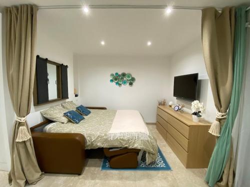 Un dormitorio con una cama, una cómoda y un televisor. en Balneo Clim Terrasse et Parking Relaxation Guarantie, en Fréjus