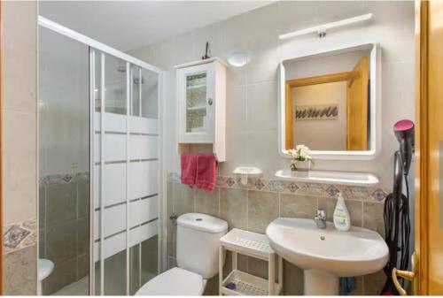 a bathroom with a toilet and a sink and a shower at La Lajilla Arguineguin in Arguineguín