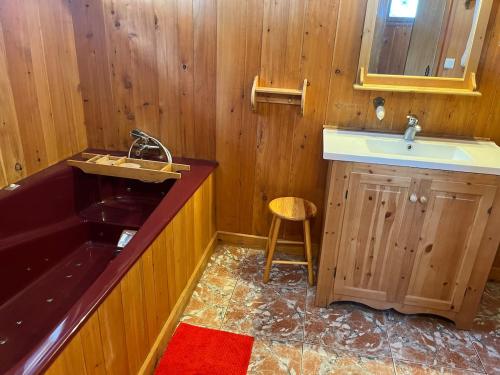 a small bathroom with a sink and a sink at Chalet spa bath fireplace ski-in out in Ax-les-Thermes