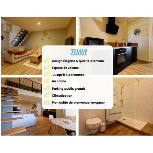 un collage de photos d'une cuisine et d'un salon dans l'établissement Duplex avec terrasse proche Pérouges Meximieux CNPE BUGEY, à Faramans