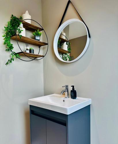 a bathroom with a sink and a mirror at Travard at Heathrow 386 in Harmondsworth
