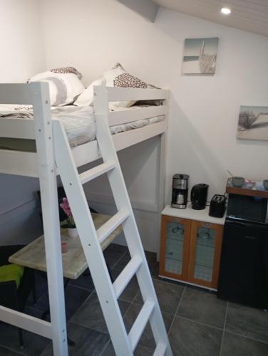 une chambre avec deux lits superposés et une échelle dans l'établissement Au rocher de Pascal lit mezzanine, à Montalivet-les-Bains