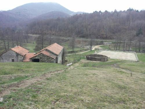 an old barn in a field with a hill in the background at Agriturismo Oddone in Bardineto