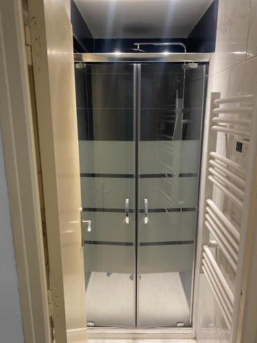 La salle de bains est pourvue d'une porte de douche en verre et de toilettes. dans l'établissement Les Pommiers, à Argenteuil