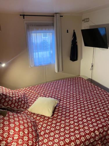 a bedroom with a bed with a pillow and a television at Camping 3 étoiles l'Albanou Chic in Le Pouzin