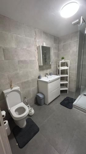 a bathroom with a toilet and a sink and a shower at New Modern and Spacious 2BR In The Heart of Burnley with Free Private Parking in Burnley
