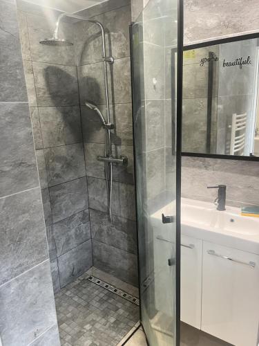 une douche avec une porte vitrée à côté d'un lavabo dans l'établissement studio bord de mer, à Saint-Raphaël