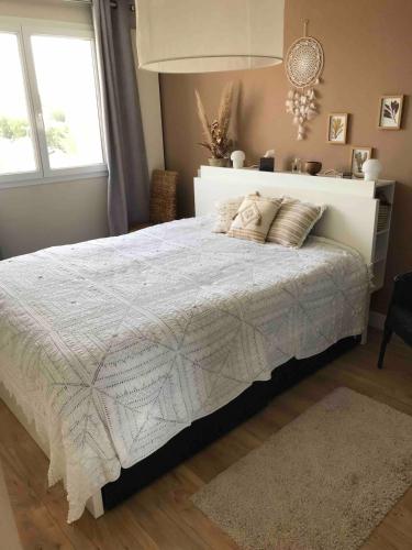 une chambre avec un grand lit avec des oreillers dessus dans l'établissement Jolie Maison méditerranéenne, à Teyran