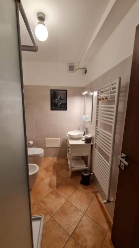 a bathroom with a sink and a toilet and a sink at Foresteria due Galli in San Martino del Lago