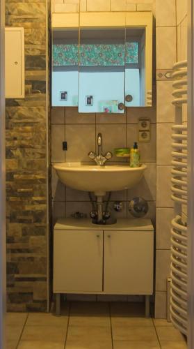 a bathroom with a sink and a window at Ferienwohnung Glaser in Pforzheim